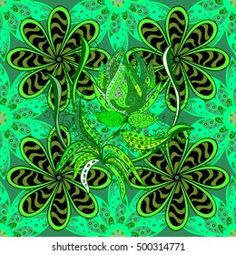 Vector seamless pattern with petals flowers on green.