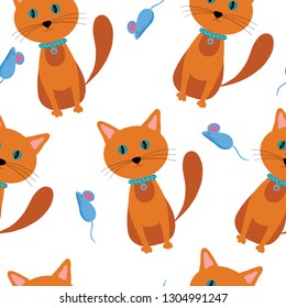 Vector seamless pattern of Pets: cats with toys and accessories.  Concept for veterinary, animal shelter, pet shops, decoration of pet accessories, as well as children's clothing and toys.