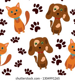 Vector seamless pattern of Pets: cats and dogs with toys and accessories.  Concept for veterinary, animal shelter, pet shops, decoration of pet accessories, as well as children's clothing and toys.