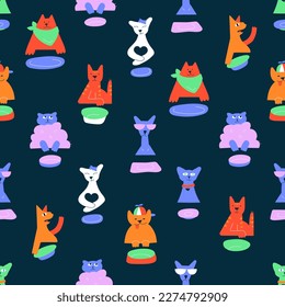 Vector seamless pattern with pets. Hand drawn funny hungry cats waiting for food. Different cats with empty plates and bowls. A cool cat with glasses, a fat cat with a cap, a ridiculous fluffy cat