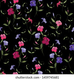 Vector seamless pattern with petunias and green leaves on black background. Floral pattern for textile, wallpapers, print, greetings, web pages