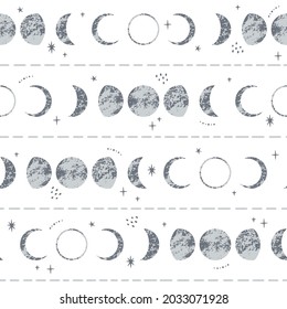 Vector seamless pattern with the phases of moon and stars. Astronomical repeated texture with moon and space elements. Hand-drawn print for fabric, home decor, wrapping paper. Astrological background