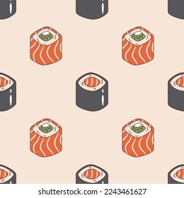 Vector seamless pattern with philadelphia sushi roll and maki sushi in retro style. Background with sushi rolls 70s. Groovy asian food.
