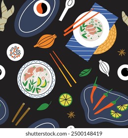 Vector seamless pattern with pho bo soup plates and ingredients on black background. Modern flat design