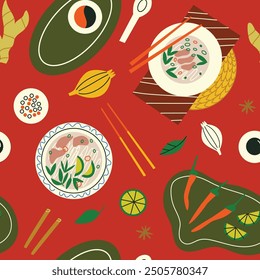 Vector seamless pattern with pho bo soup plates and ingredients on red background. Modern flat design