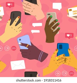 Vector seamless pattern phones in hands. Messages in messengers, social network, smartphone payments, e-mail. Hand drawn flat multicolor.