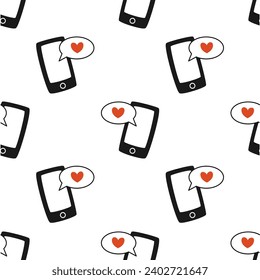 Vector seamless pattern with phones and love messages for Valentine’s Day 
