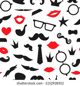 Vector seamless pattern of photo booth props. Repeating background of moustache, glasses, lips, heart, crown, pipe, speech bubble, hat, tie for holiday or party. Moustache season backdrop