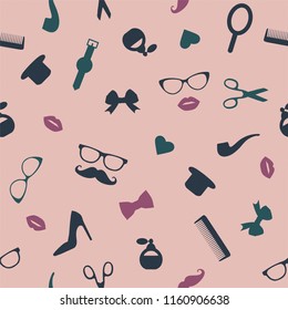 Vector seamless pattern of photo booth props. Repeating background of moustache, glasses, lips, heart, pipe, hat, tie for holiday or party. Moustache season backdrop