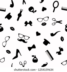 Vector seamless pattern of photo booth props. Repeating background of moustache, glasses, lips, heart, pipe, hat, tie for holiday or party. Moustache season backdrop