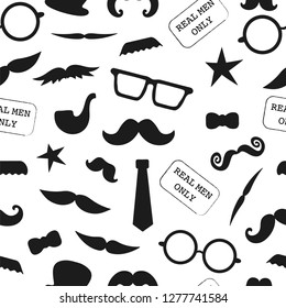 Vector seamless pattern of photo booth props. Repeating background of moustache, glasses, pipe, hat, bow, tie for holiday or party. Moustache season backdrop. Real men background for father’s day