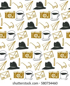Vector Seamless pattern Photo Cameras and photographic symbols, cup coffee, mail, pencil, origami, sunglasses, hat. Seamless background sketch. The image is made in the style of hand-made. 