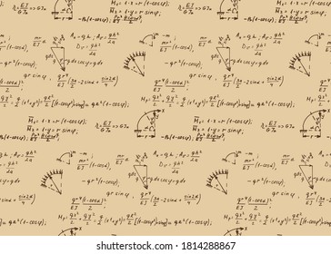 Vector seamless pattern with physics formulas and equations on kraft paper. Old college notation. Educational and scientific vintage background.