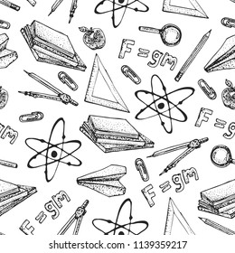 Vector seamless pattern of Physics science theory and bonding formula equation, tool model icon. Doodle molecule, formulas, stationery, books, scribbles. Back to school design elements.