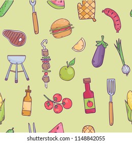 Vector seamless pattern with picnic summer food and elements 