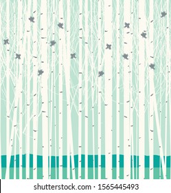 Vector seamless pattern with a picture of the birch forest with birds. Winter birch grove texture in white and blue colors. Young trees and funny birds on the blue sky background