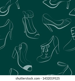 Vector seamless pattern with a picture of elegant women shoes. Light stylish contours of women's shoes on a dark contrast background.