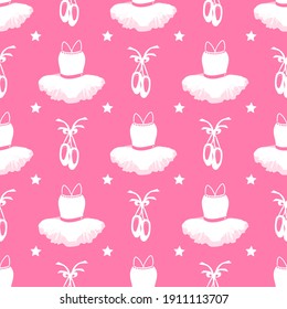 vector seamless pattern with a picture of a tutu, pointe shoes and stars on a pink background