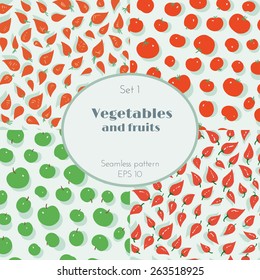 vector seamless pattern with pictures of fruits and vegetables on a white background with shadow. tomatoes, peppers, apples, carrots.