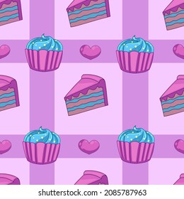 Vector seamless pattern with a piece of cake, cupcake and heart. Cute, romantic sweets for Valentine's day. Background for printing on T-shirts, postcards, notebooks, wrapping paper, scrapbooking