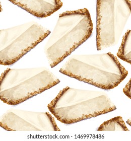 Vector seamless pattern piece of cheesecake cake with airy and tender, delicate creamy-curd cheese. Crisp and crumbly cake with back, appetizing, realistic, homemade cakes, drawn by hand. Healthy meal