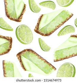 Vector seamless pattern piece of cheesecake, lime. Delicate creamy-curd lime-flavored cheese. Scattered ripe limes. Crisp, crumbly back cake, appetizing, realistic, homemade cakes, hand-drawn. Healthy