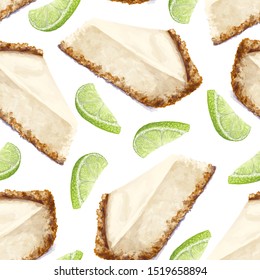 Vector seamless pattern piece of cheesecake cake, lime halves. Delicate creamy-curd cheese. Scattered limes. Crisp, crumbly cake with back, appetizing, realistic, homemade cakes, hand-drawn. Healthy