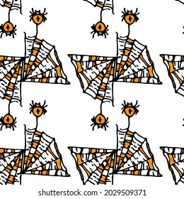 vector seamless pattern of a piece of triangular web with spiders hanging on them with a cross, orange pattern. spider texture black line pattern in doodle style for halloween design template