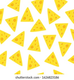 Vector seamless pattern with pieces of cheese. Tasty food. Love eating. Cute snack background