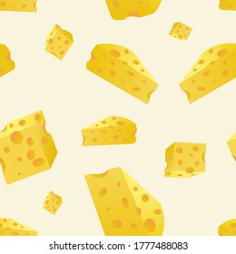 Vector seamless pattern of pieces of cheese on a yellow background. For printing on fabrics, packaging, napkins, as well as various backgrounds, etc.