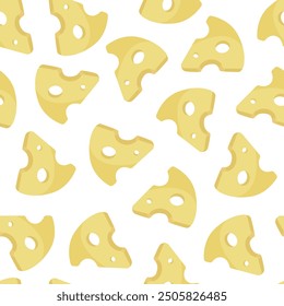 Vector seamless pattern with pieces of cheese. Background with dairy products for packaging, paper and wallpaper. Illustration of sliced ​​cheese with holes isolated on white background