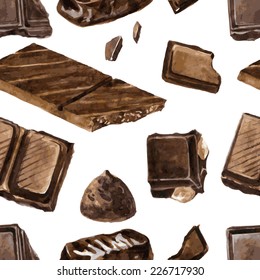 vector seamless pattern with pieces of chocolate drawing by watercolor at white background, hand drawn food illustration