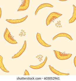 Vector seamless pattern with pieces of pumpkin and seeds. Doodle hand drawn illustration with gourds. Floral background can be used for wrapping. Texture for Thanksgiving Day design