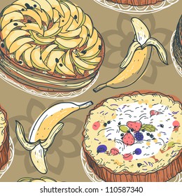 vector seamless pattern with pies and bananas