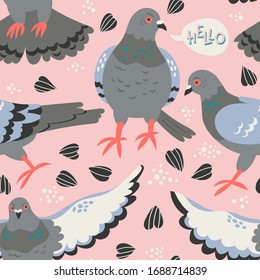 Vector seamless pattern with pigeons in the memphis style