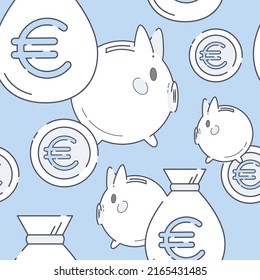 Vector seamless pattern with piggy bank icons, coins and money bags on  pale blue background. Graphic elements with stroke for presentation slide layouts, brochures, flyers design. Financial Savings. 