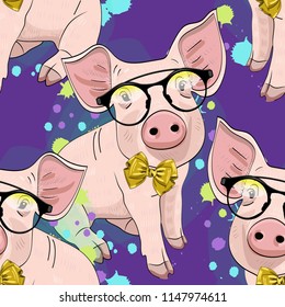 Vector seamless pattern with pigs. Pigs with  black glasses and bows.