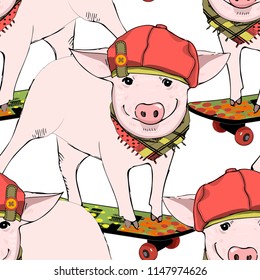 Vector seamless pattern with pigs, cap and skateboard. 