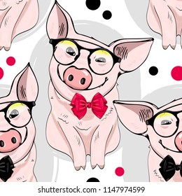 Vector seamless pattern with pigs. Pigs with glasses and bows.