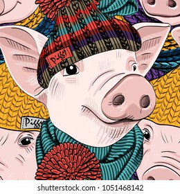 Vector seamless pattern with pigs. Pigs with hats.