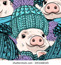 Vector seamless pattern with pigs. Pigs with hats. 3