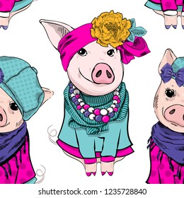 Vector seamless pattern with pigs with hats, dresses and necklaces. Hand drawn illustration of dressed pigs. 5