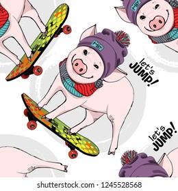 Vector seamless pattern with pigs, hats and skateboards. 4
