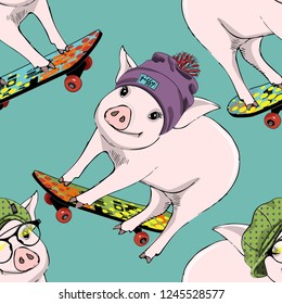 Vector seamless pattern with pigs, hats and skateboards. 5