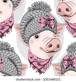 Vector seamless pattern with pigs. Pigs with hats.a