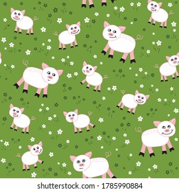 Vector Seamless pattern with pigs  in  the meadow. Loop pattern for fabric, textile, wallpaper, posters, gift wrapping paper, napkins, tablecloths. Print for kids, children. 