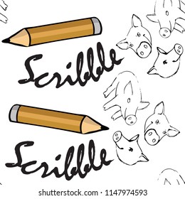 Vector seamless pattern with pigs, pencils and inscriptions. 