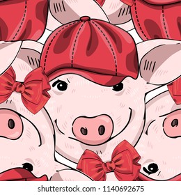 Vector seamless pattern with pigs. Pigs with red hats and red bows.