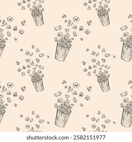 Vector seamless pattern with a pile of Popcorn corn. repeating background with fried corn in a glass in vintage engraving style. Hand drawn doodle with kernels for design, label, wrapping. Food, snack