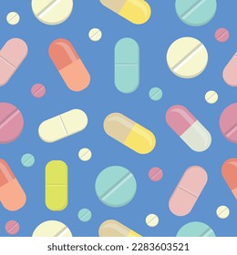 Vector seamless pattern with pills. The concept of treatment and recovery. Health design element for apps, websites and social media. Medicinal tablets.